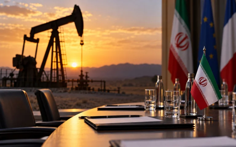 Pozzo petrolifero e bandiere iraniane in scena illustrativa