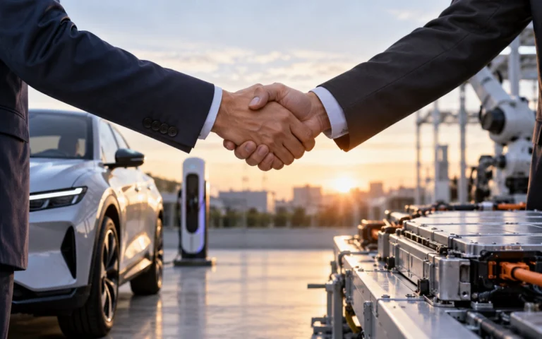 Stretta di mano illustrativa davanti a componenti per auto elettriche