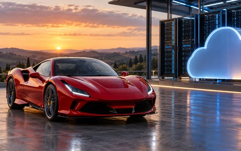 Auto sportiva illustrativa davanti a server cloud