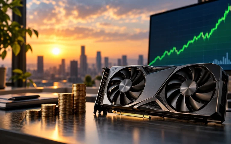 Scheda grafica e grafico finanziario illustrativo per il settore semiconduttori