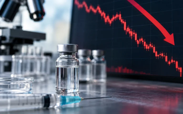 Flacone farmaceutico davanti a un grafico finanziario discendente