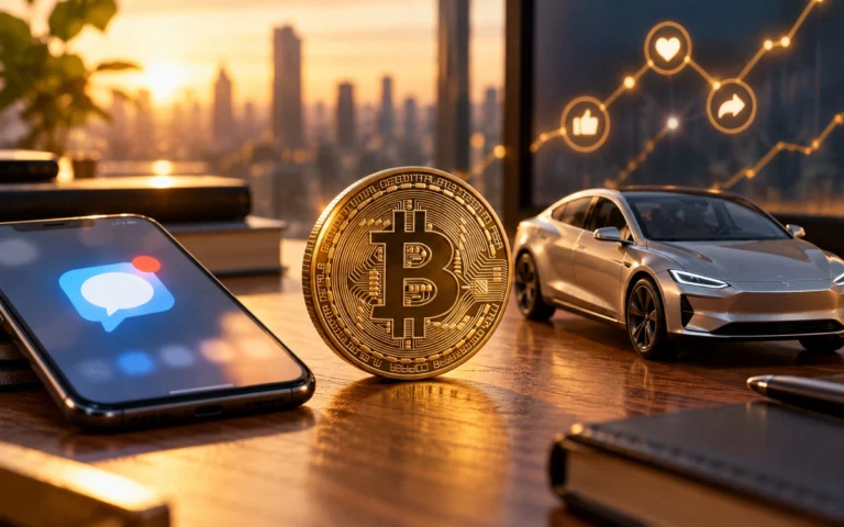 Bitcoin, auto elettrica illustrativa e simboli dei social media