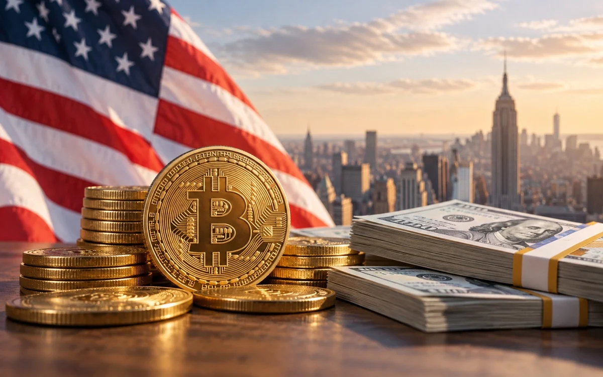 Bitcoin e banconote in dollari davanti a una bandiera statunitense