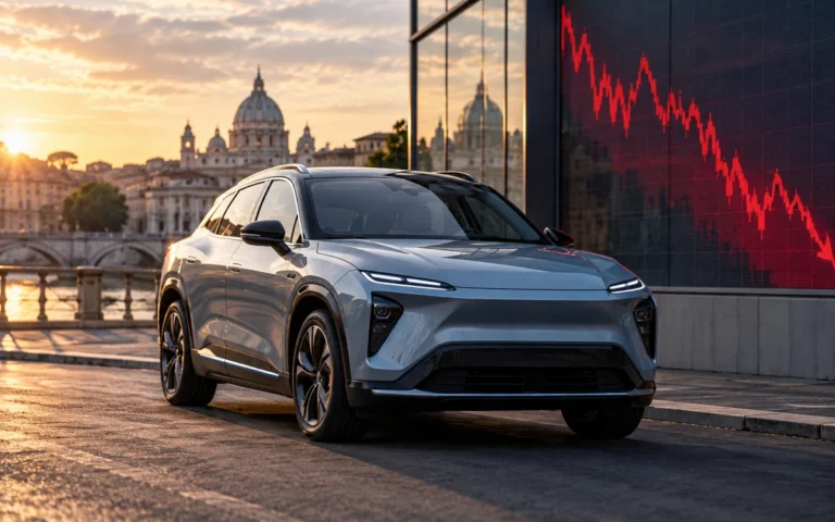 Automobile elettrica illustrativa e grafico finanziario discendente
