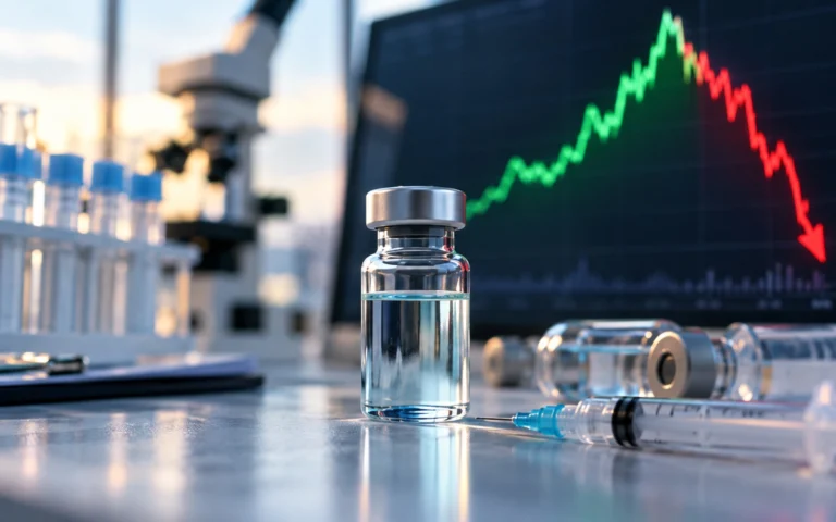 Flacone farmaceutico davanti a un grafico finanziario discendente