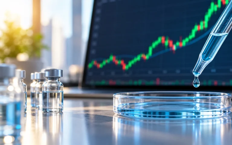 Flaconi farmaceutici e grafico finanziario illustrativo
