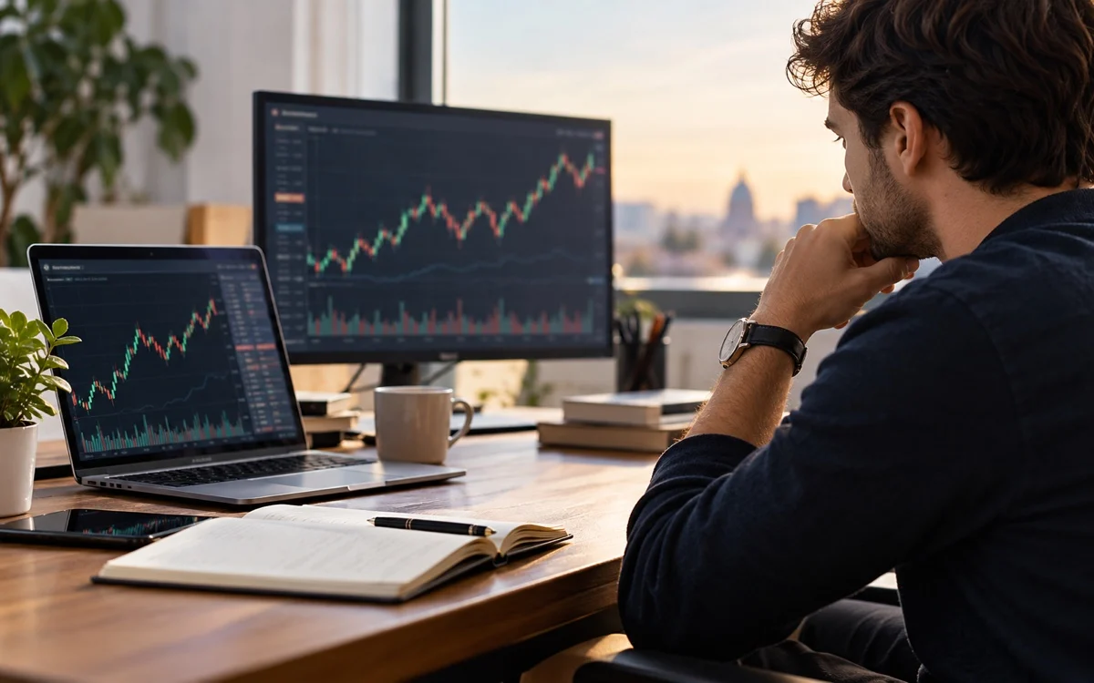 Persona valuta grafici finanziari su due schermi