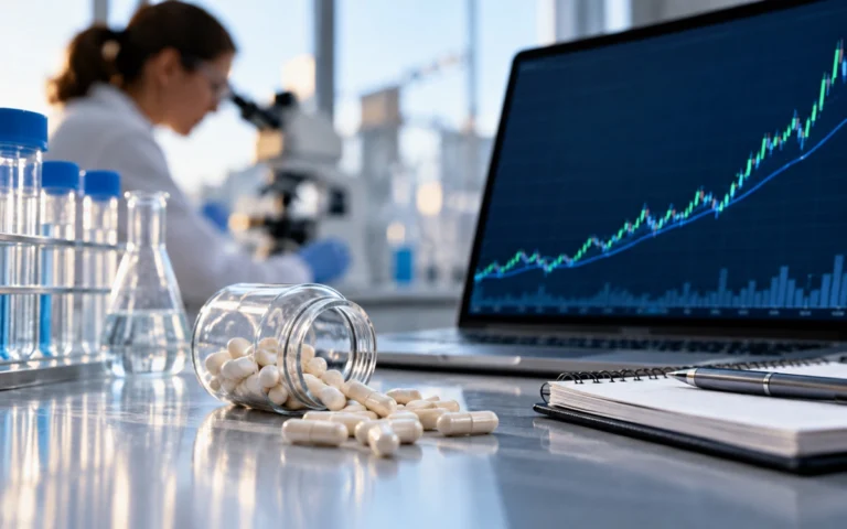 Laboratorio farmaceutico e grafico finanziario illustrativo