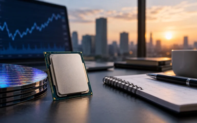 Processore e chip davanti a un grafico finanziario illustrativo