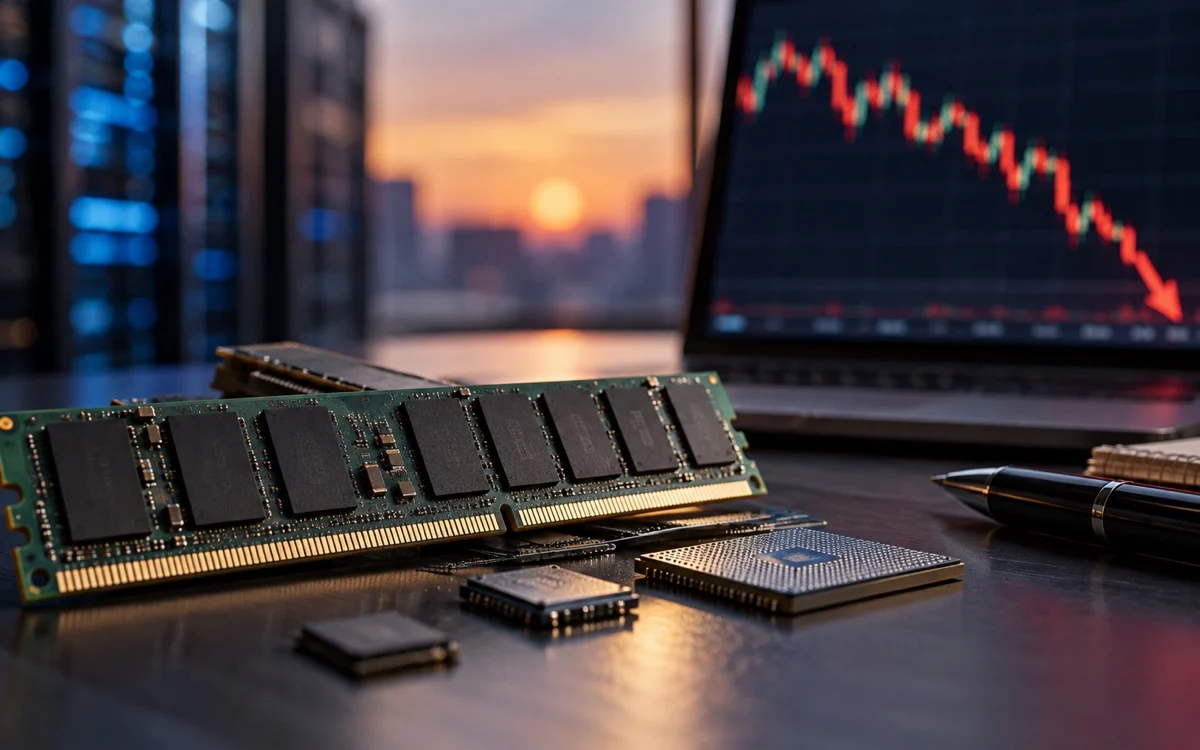Chip di memoria e grafico finanziario discendente illustrativo