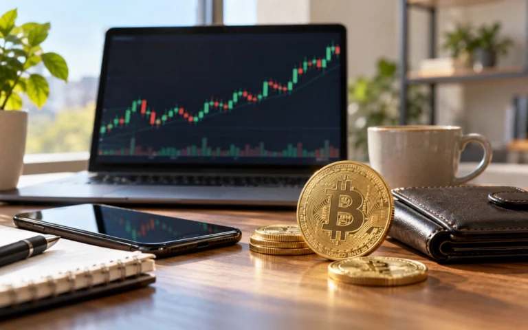 Bitcoin davanti a un grafico finanziario illustrativo