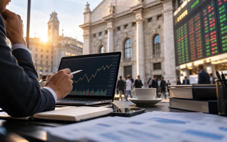 Schermo con grafico illustrativo davanti a un edificio di Borsa