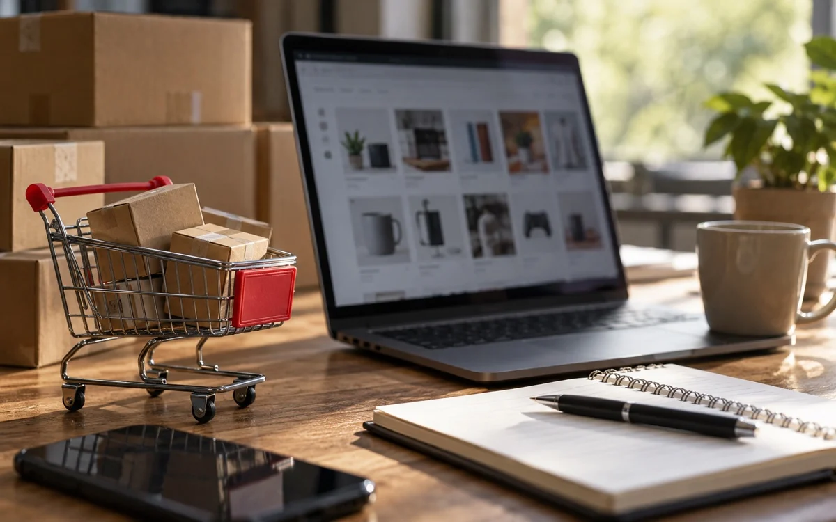 Carrello e prodotti davanti a un computer per commercio online