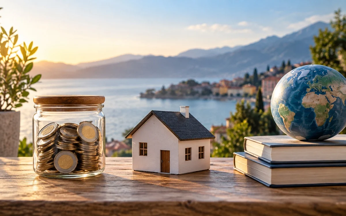 Barattolo di monete e modello di casa su una scrivania