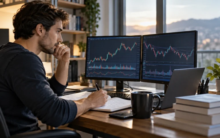 Persona studia grafici finanziari su due schermi