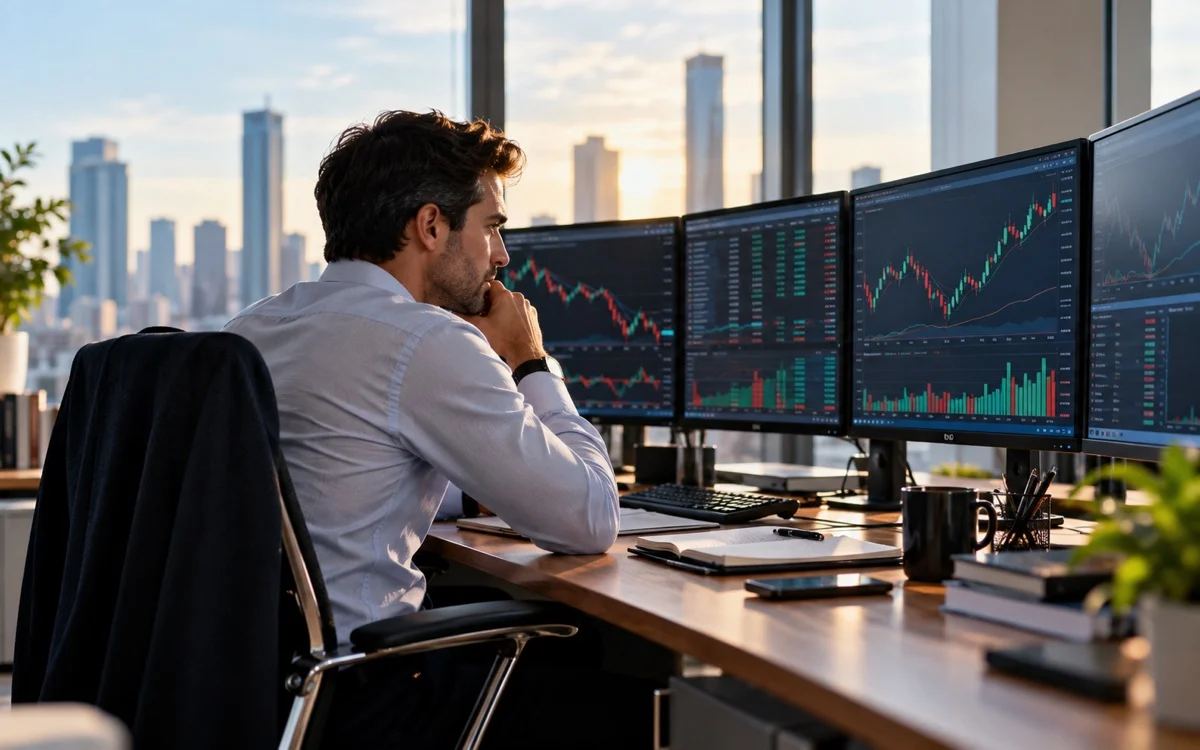 Professionista davanti a più schermi con dati di mercato illustrativi