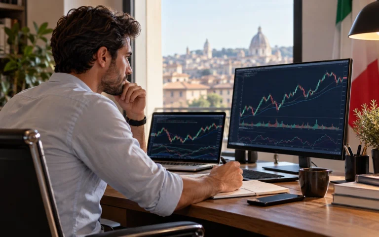 Persona confronta grafici finanziari su due schermi