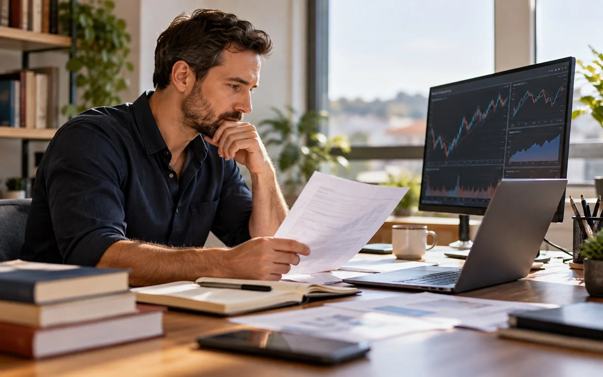 Persona esamina documenti e strategie di trading
