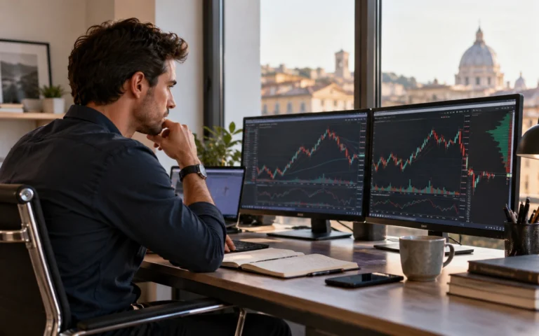 Professionista analizza mercati finanziari su due monitor
