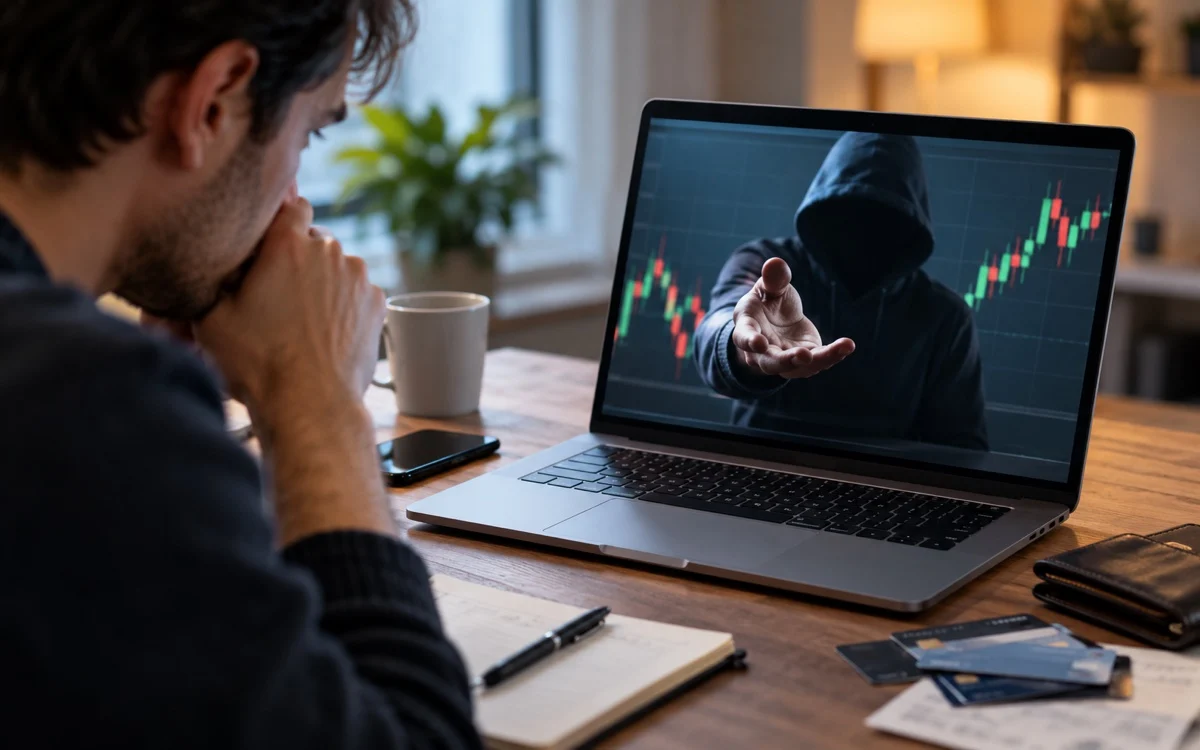 Persona valuta una proposta online potenzialmente fraudolenta