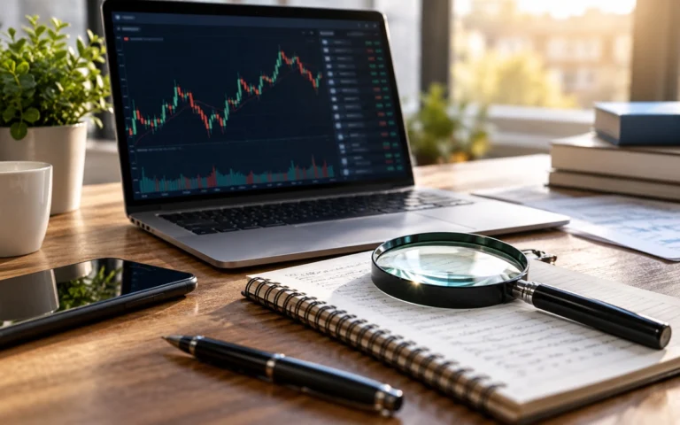 Grafico finanziario e lente su una scrivania