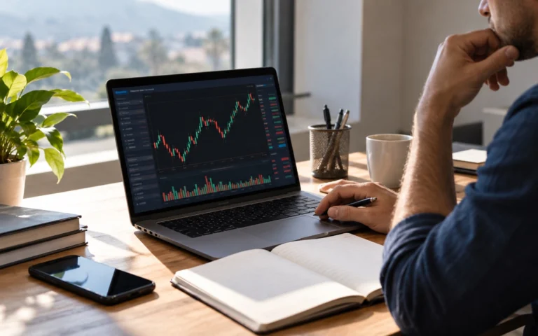 Persona osserva un grafico finanziario su un computer