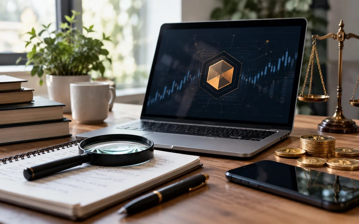 Computer con grafici crypto illustrativi e simbolo digitale