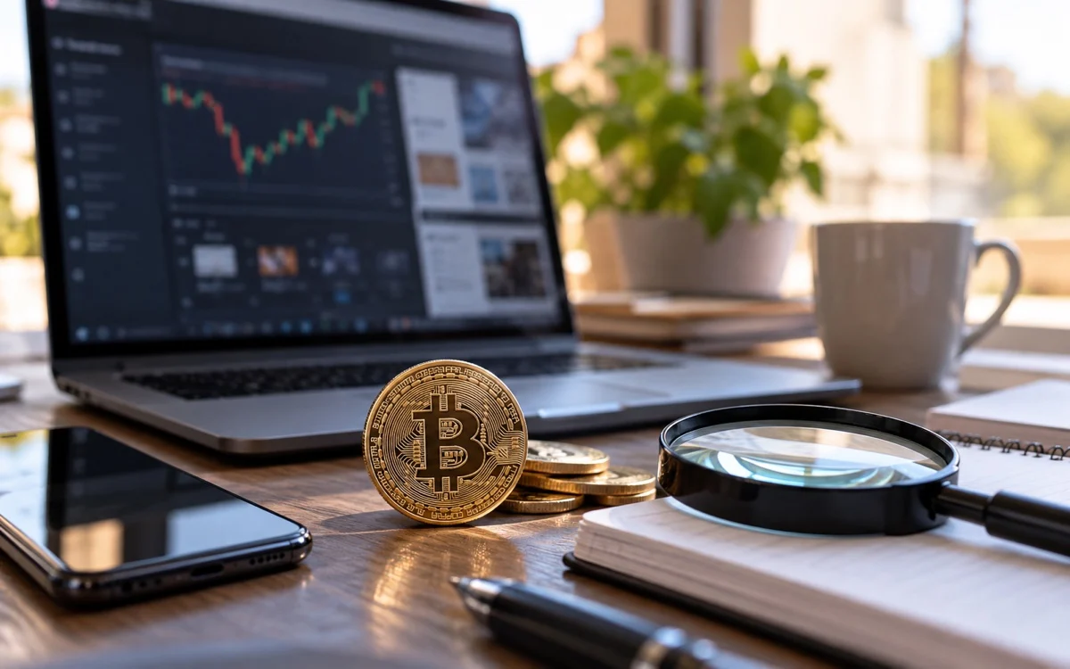 Rappresentazione di Bitcoin accanto a un grafico e a una lente