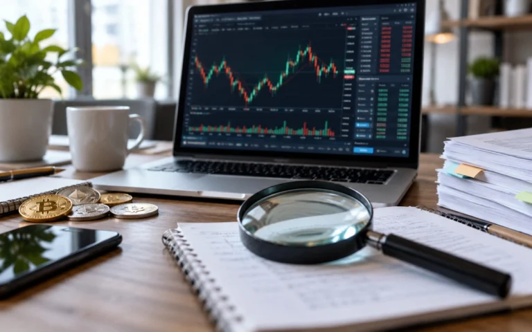 Lente e criptovalute davanti a un grafico finanziario illustrativo