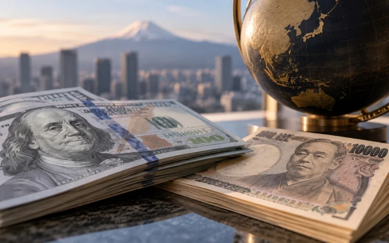 Banconote in dollari e yen accanto a un globo