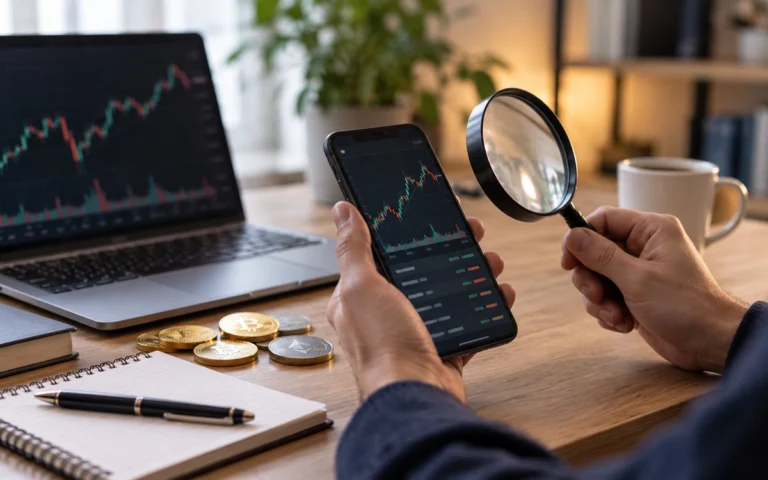 Persona controlla sul telefono un grafico crypto illustrativo