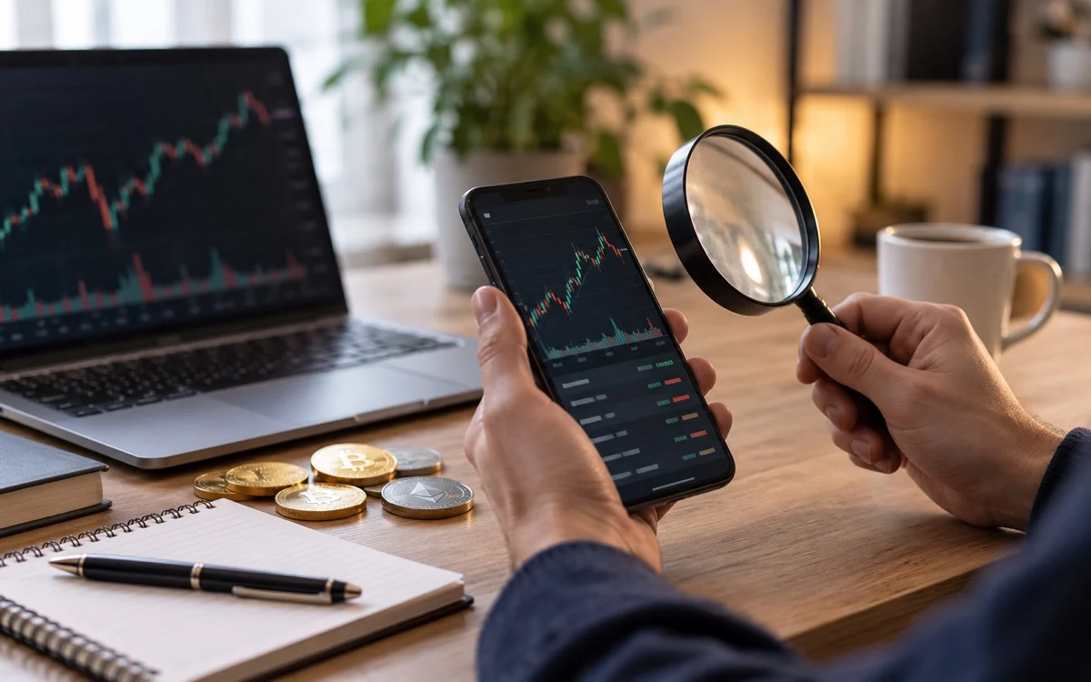 Persona controlla sul telefono un grafico crypto illustrativo
