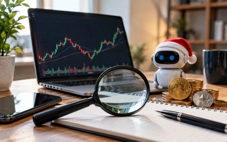 Robot con cappello natalizio accanto a un grafico crypto illustrativo