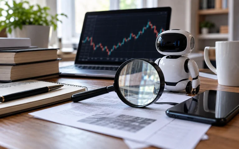 Piccolo robot e lente davanti a un grafico finanziario illustrativo