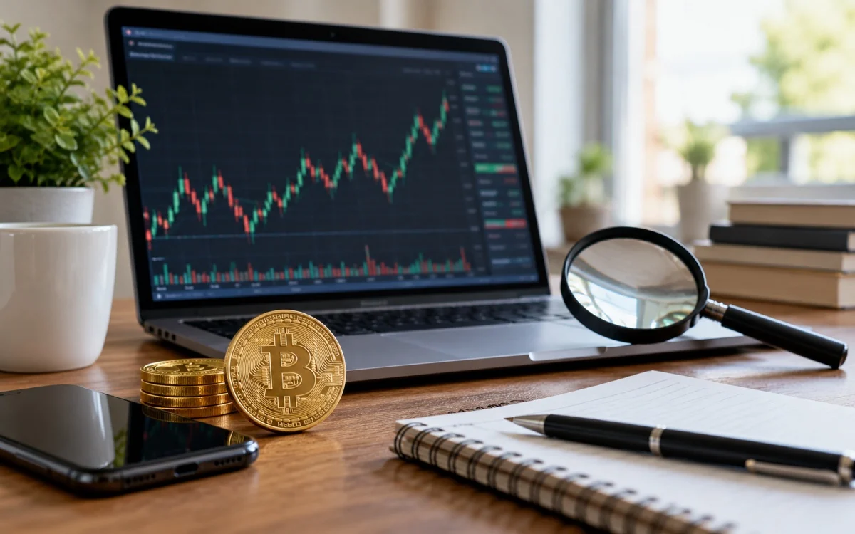 Lente e rappresentazione di Bitcoin davanti a un grafico illustrativo