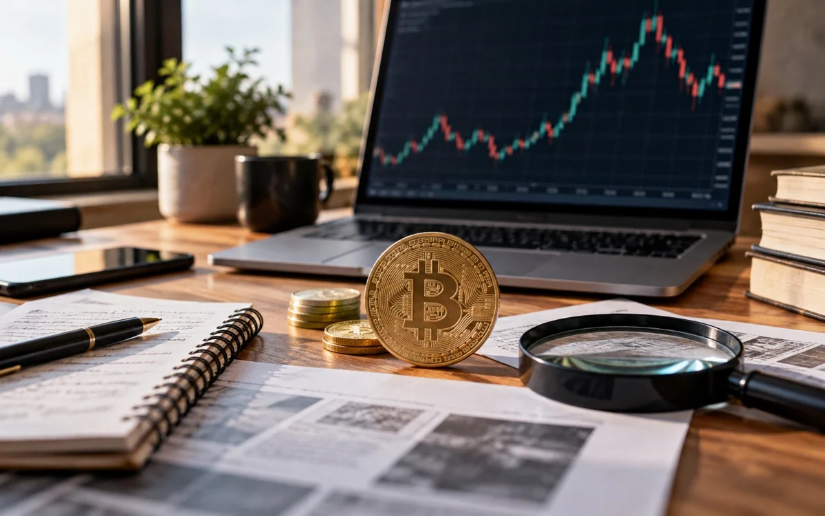 Bitcoin e documenti sotto esame accanto a un grafico finanziario illustrativo