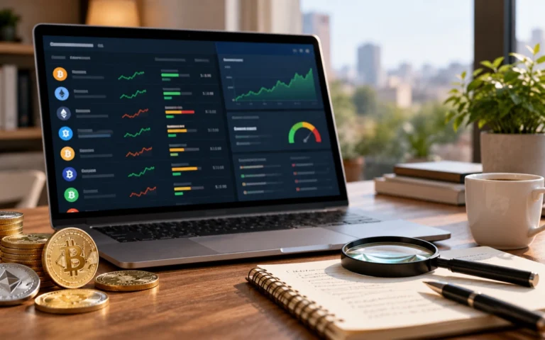 Schermo con classifiche crypto illustrative e lente