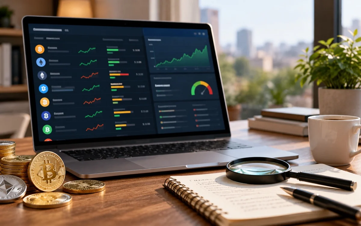 Schermo con classifiche crypto illustrative e lente