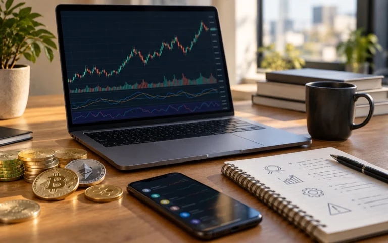 Schermo con grafici crypto illustrativi e appunti di verifica