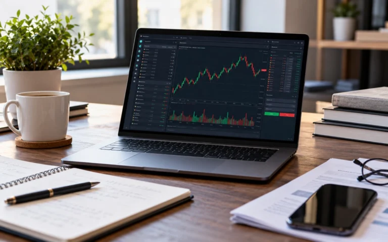 Computer con grafico finanziario illustrativo e documenti di confronto