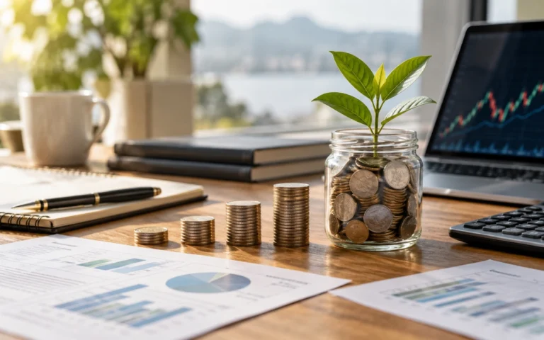 Monete e documenti finanziari con una pianta che cresce
