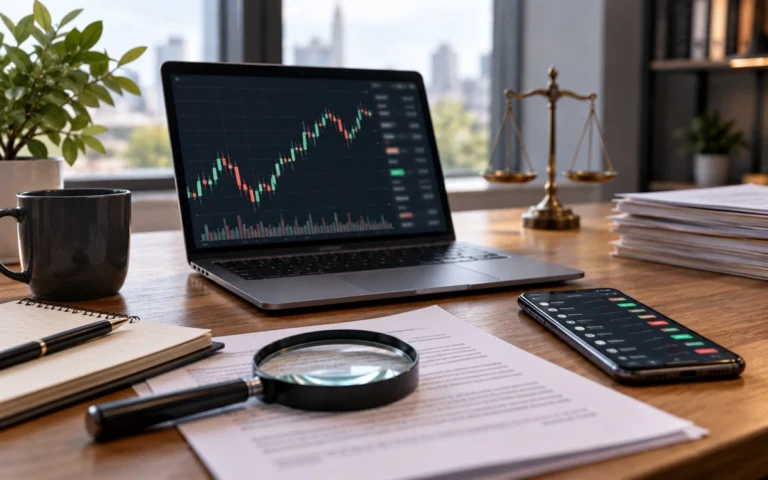 Lente e documenti accanto a un grafico finanziario illustrativo