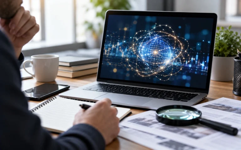 Persona esamina documenti accanto a un simbolo illustrativo di tecnologia