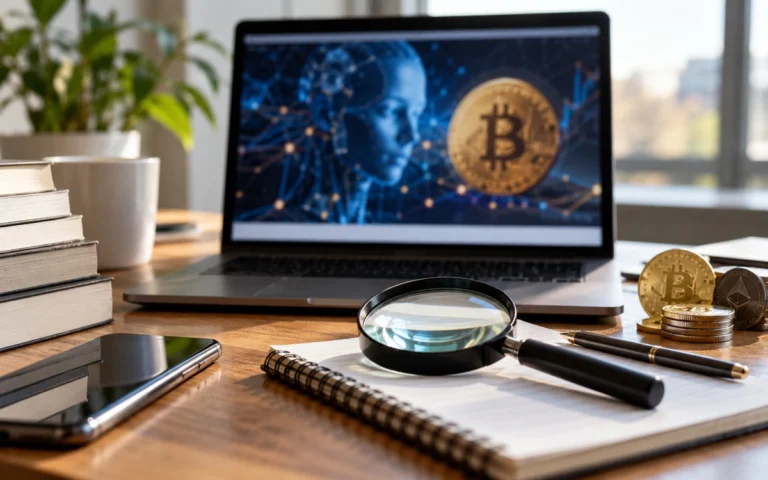 Lente, simbolo Bitcoin e rappresentazione illustrativa dell’intelligenza artificiale