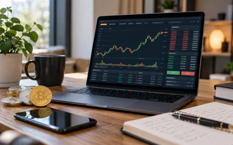 Computer con grafico crypto illustrativo e simboli di valute digitali