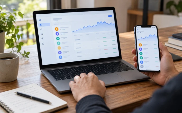 Persona consulta una piattaforma crypto illustrativa su computer e smartphone