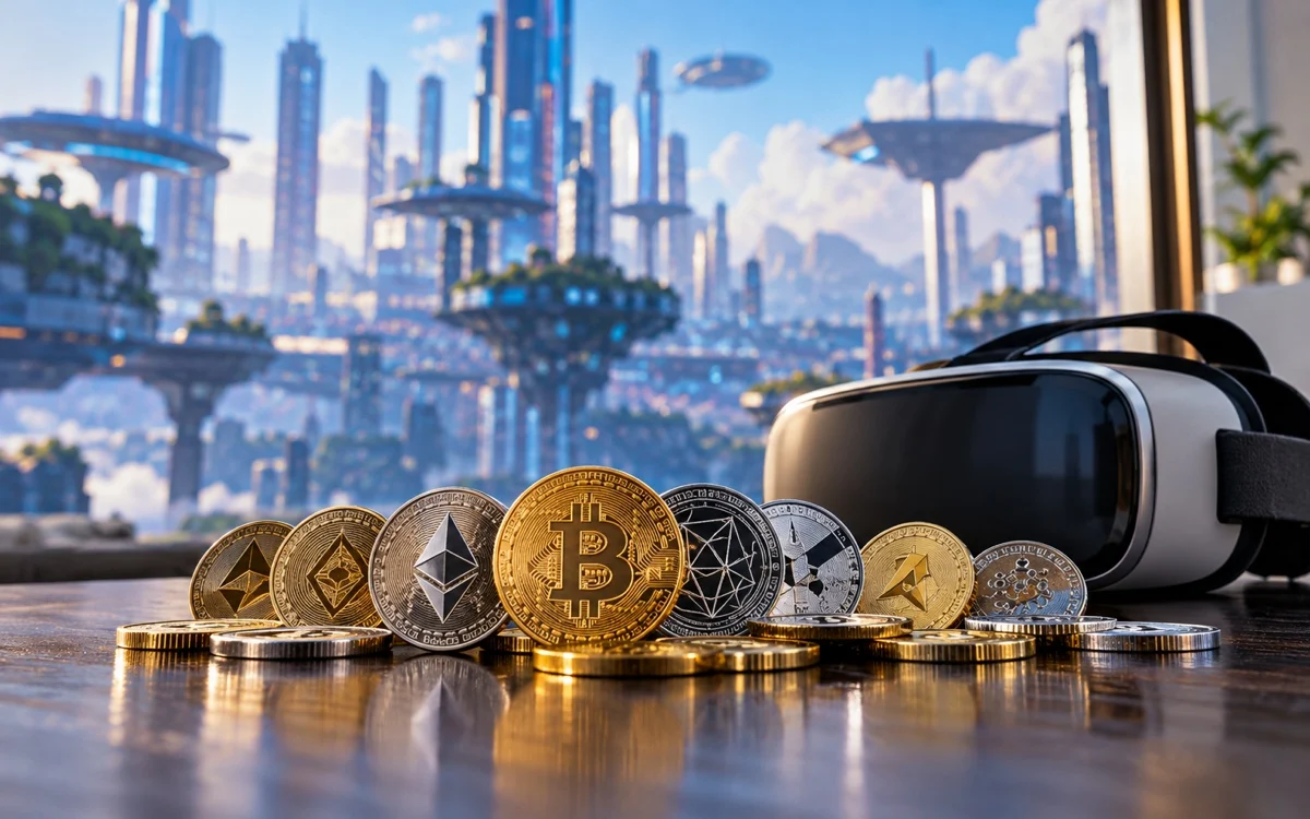 Visore virtuale e rappresentazioni di criptovalute davanti a una città digitale