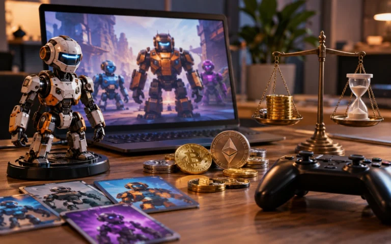 Personaggi robotici illustrativi con monete digitali e bilancia
