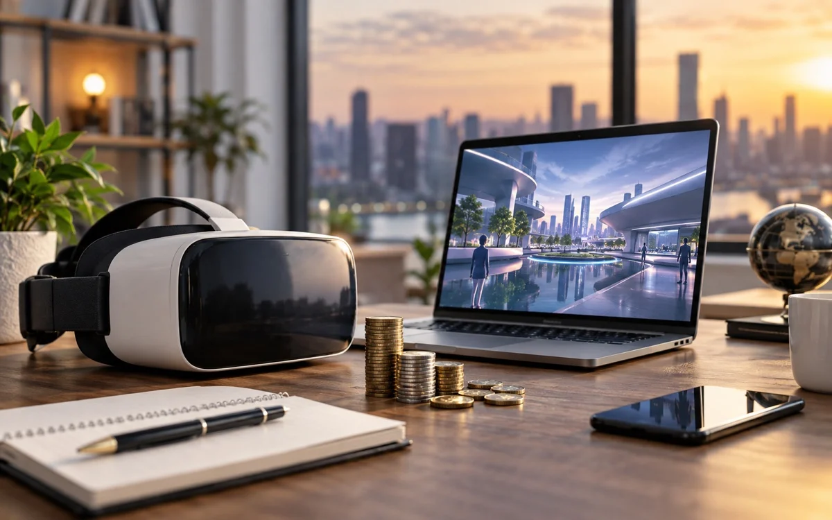 Visore di realtà virtuale accanto a un mondo digitale illustrativo