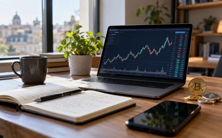 Computer con grafico illustrativo e rappresentazioni di criptovalute
